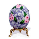 Bright Pink Petunias On Floral Lacey Blue and White Art Egg