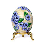 Blue Pansy Bouquet Over Yellow and White Lacey Floral Art Egg